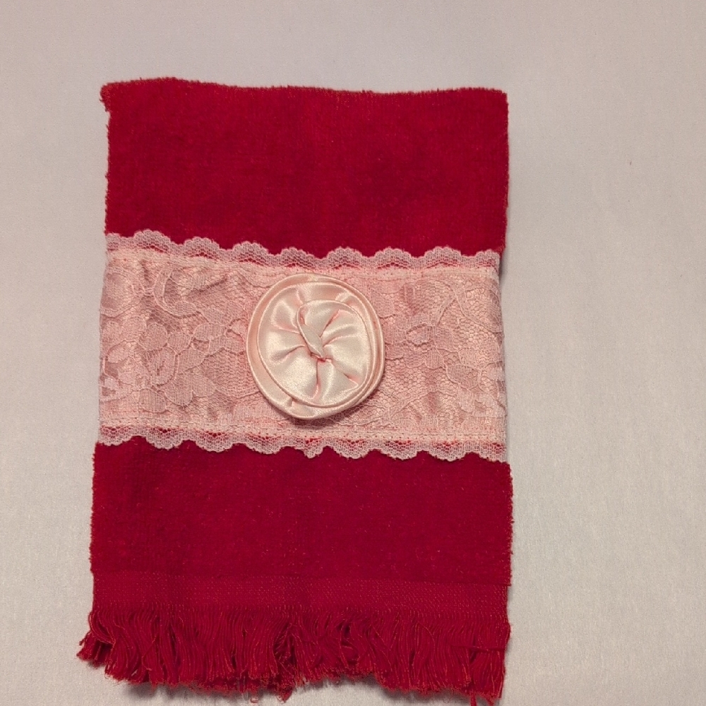 Vintage Cannon Red Cotton Hand Towel with Pink Lace Trim And Satin Rossette
